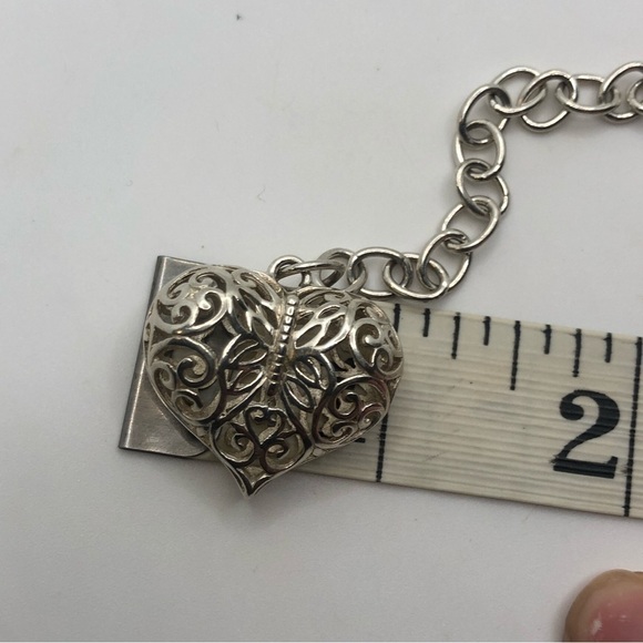 Vtg Sterling Silver 3D Puffy Filigree Heart Charm Bracelet 7.5” Adjustable - Picture 6 of 6